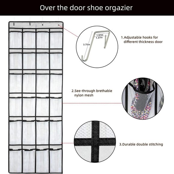 Over The Door Shoe Organizer, Hanging Shoe Organizer with 24 Mesh Large Pockets - Picture 3 of 7